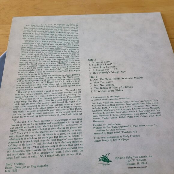 ERIC BOGLE Scraps Of Paper Vinyl LP 1983 Flying Fish Records FF 311 Folk LP6 - Picture 2 of 9